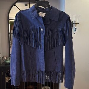 NorthStyle Women's Dark Blue Suede Fringe Jacket